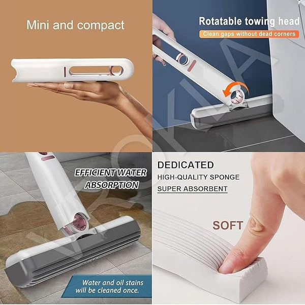 Mini Mop for Kitchen, Floor, Glass, Car & More - 2 Sponges, Self Squeeze, Strong Absorbent, Wet & Dry Use, Multicolour, ABS & Sponge Material