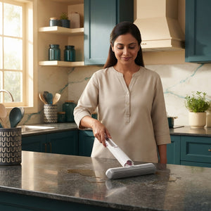 A woman using a small handheld mop to clean a kitchen counter in a modern, well-lit home.