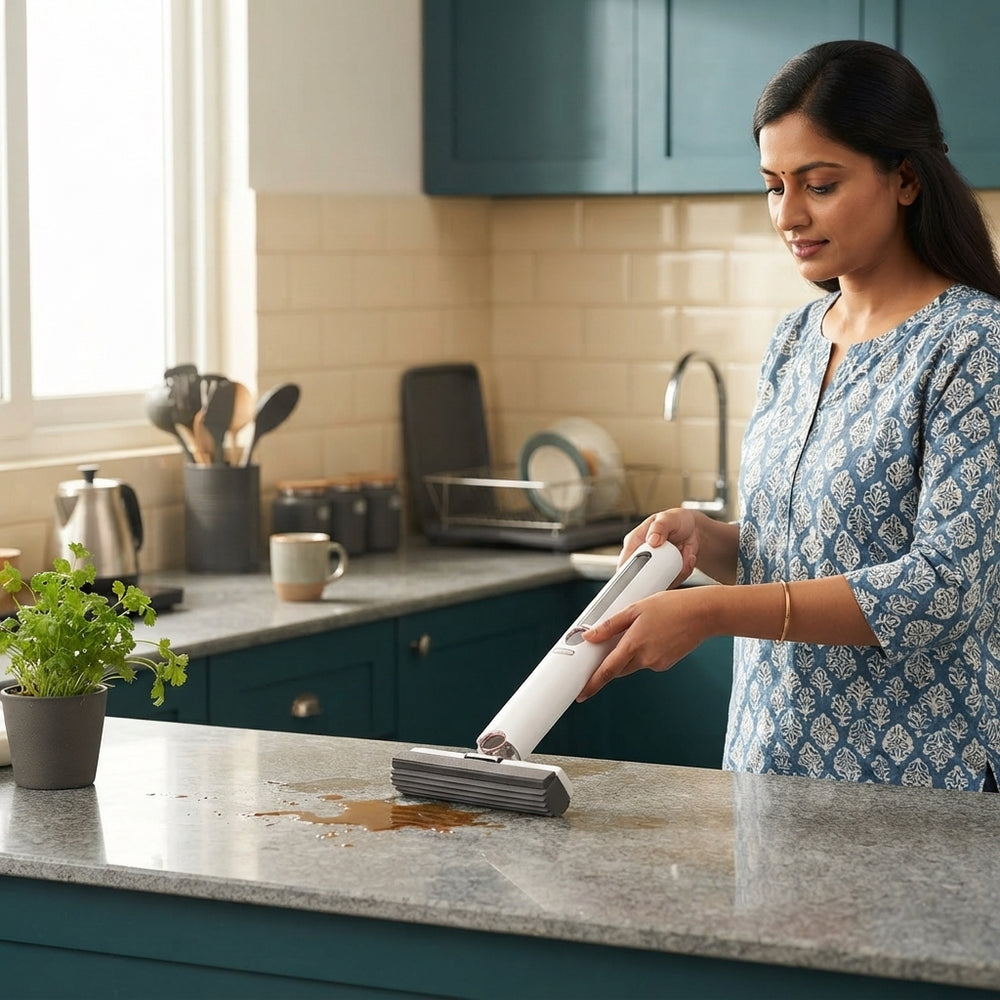 A person using a compact self-squeezing mini mop to wipe a small spill on a modern kitchen countertop in a home setting.